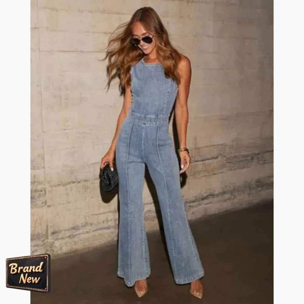 Large Denim Jumpsuit Formal Back Tie Crew Neck Wide Leg Business Casual